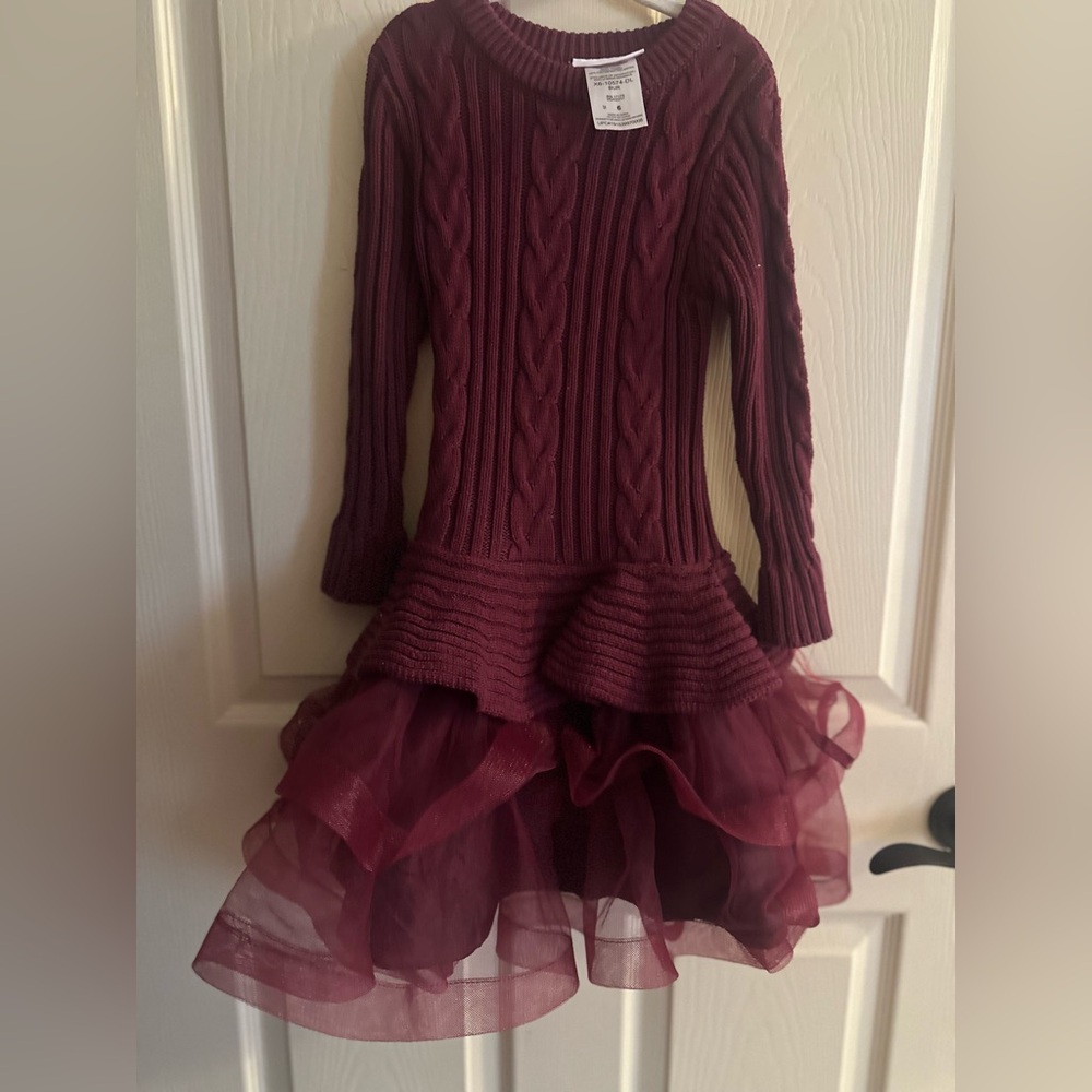 Bonnie Jean Maroon Knit Dress with Tulle Skirt
